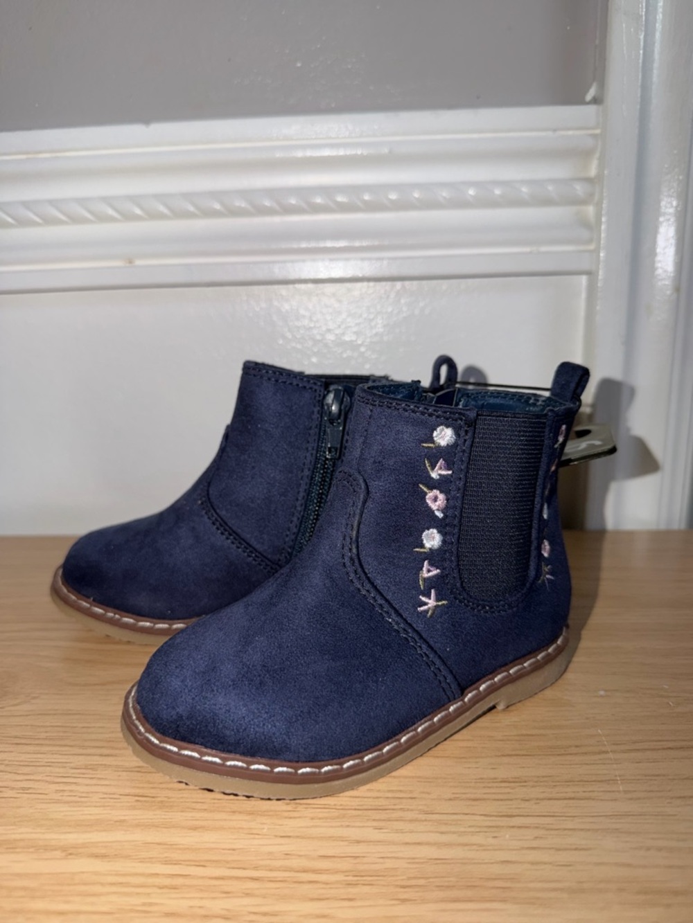 wonder nation Navy Suede-Look Ankle Boots with Pink Floral Stitching